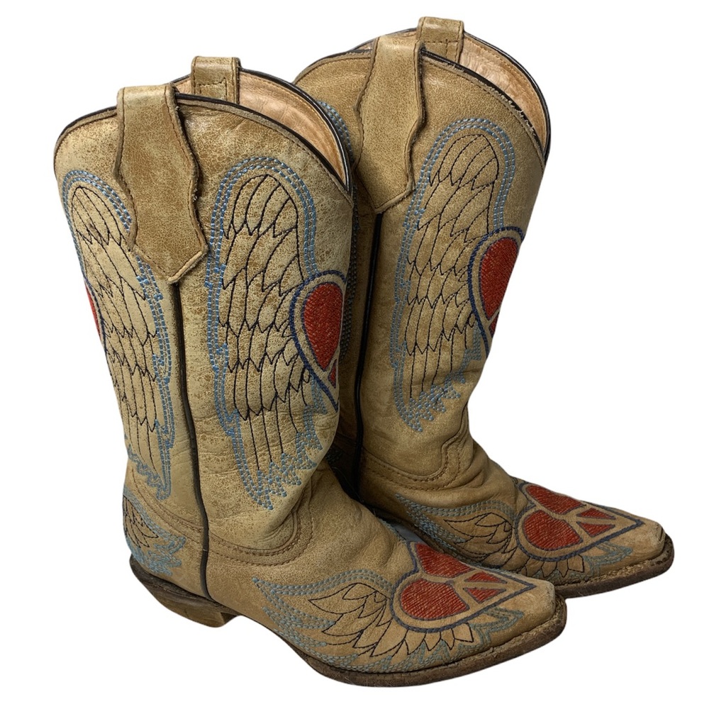 Corral Vintage Heart Wings Western Cowboy Boots Teen Sz 3.5